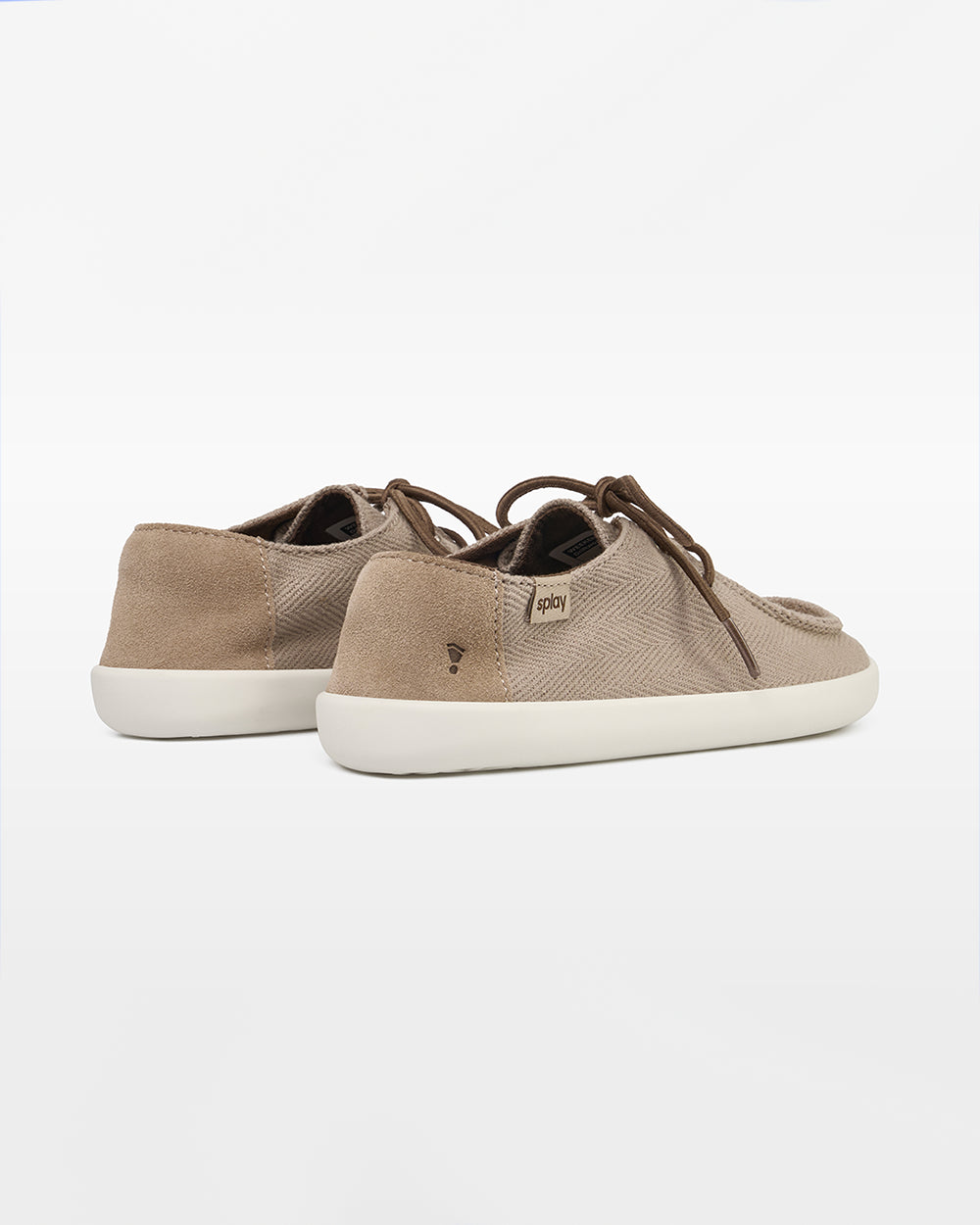 Splay Kids Weekender Driftwood hemp barefoot shoes — kids' hemp moc-toe shoe with laces, pair viewed from behind, heels toward the camera