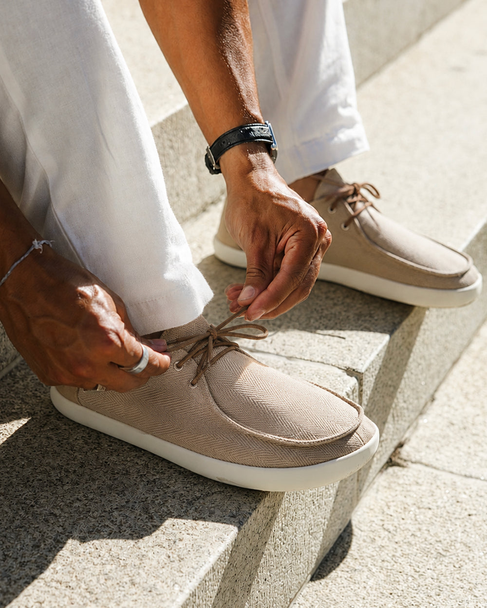 Splay Weekender Driftwood hemp barefoot shoes — hemp moc-toe shoe with laces, lifestyle photo, the shoes shown in use outdoors