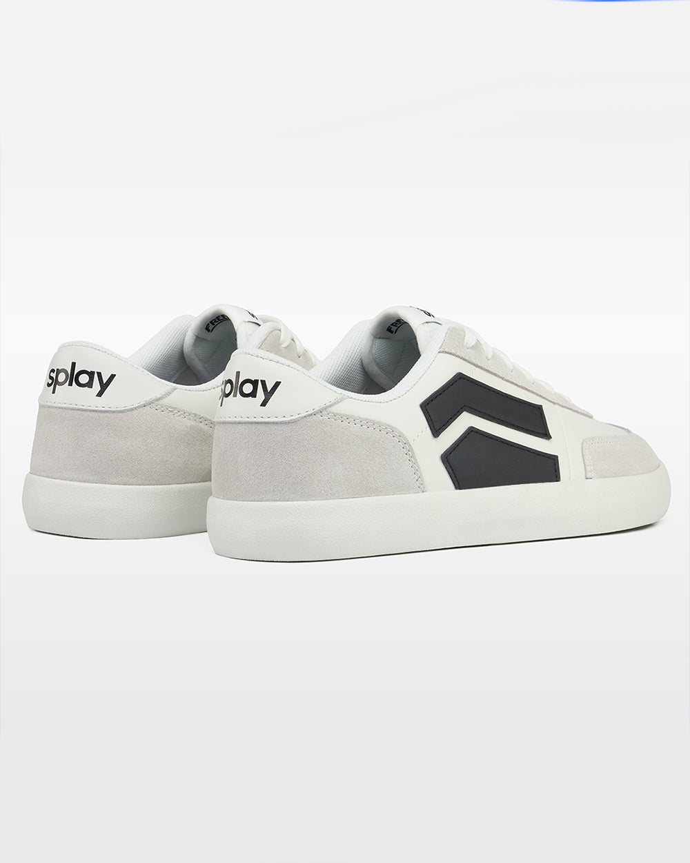 Splay 101 Graphite '26 barefoot shoes — low-top court sneaker with a side stripe and gum sole, pair in an angled three-quarter view from the front