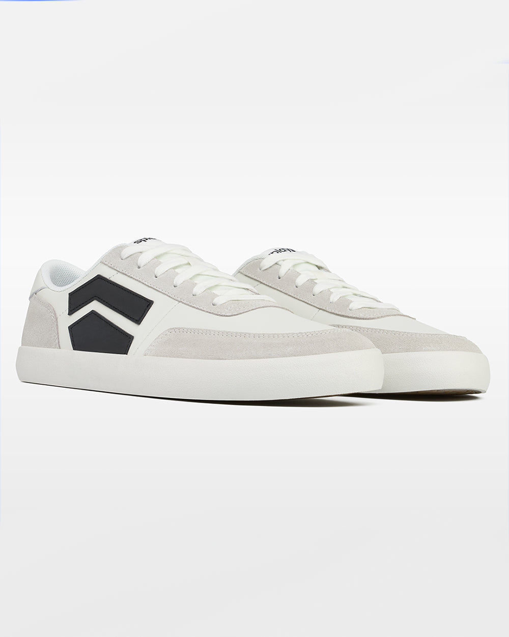 Splay 101 Graphite '26 barefoot shoes — low-top court sneaker with a side stripe and gum sole, pair viewed from behind, heels toward the camera