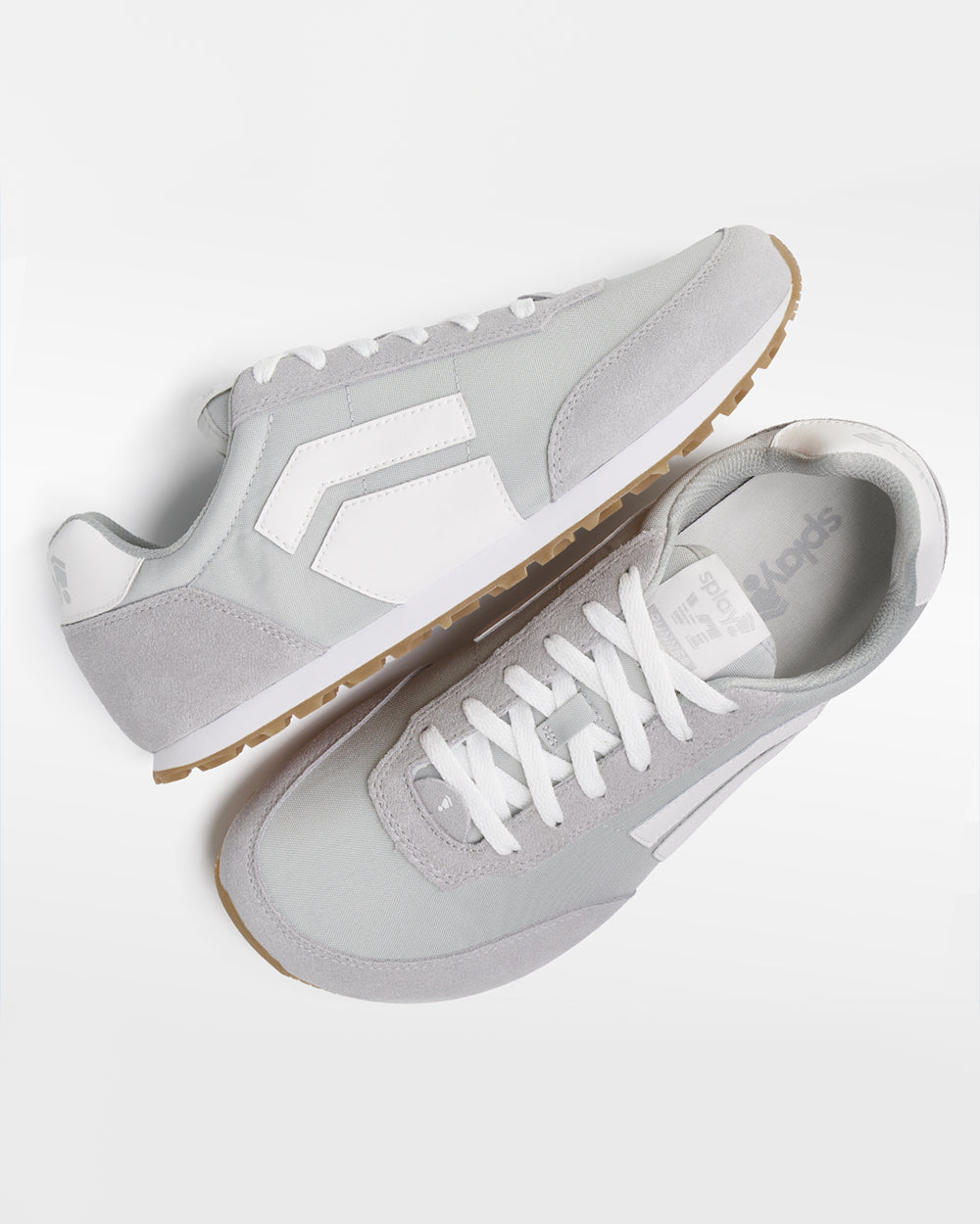 Splay Runner V1 Relay Grey '26 barefoot shoes — retro nylon-and-suede running shoe, pair shot from above, one shoe tipped up to show the insole