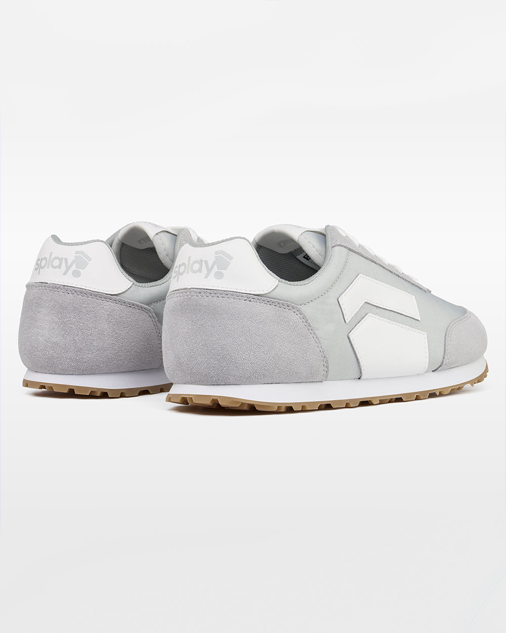 Splay Runner V1 Relay Grey '26 barefoot shoes — retro nylon-and-suede running shoe, pair viewed from behind, heels toward the camera