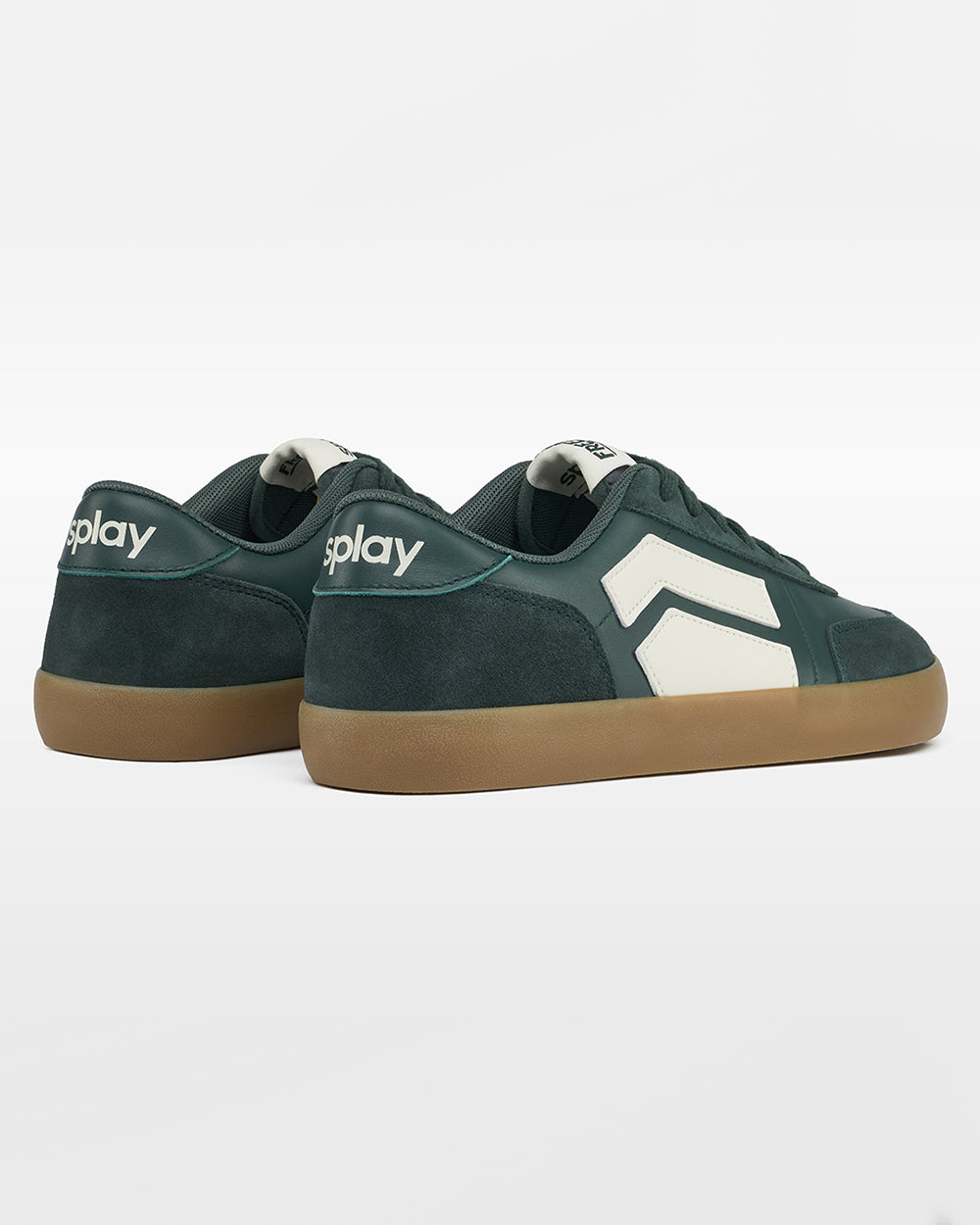 Splay 101 Ivy League Green '26 barefoot shoes — low-top court sneaker with a side stripe and gum sole, pair viewed from behind, heels toward the camera