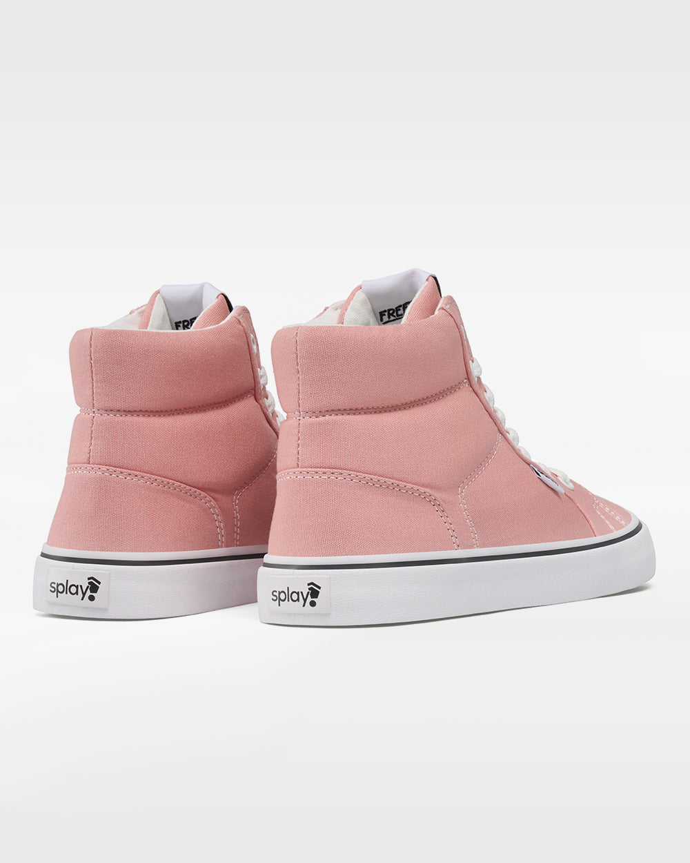Splay REV HT Canvas Havana barefoot shoes — high-top skate shoe, pair viewed from behind, heels toward the camera