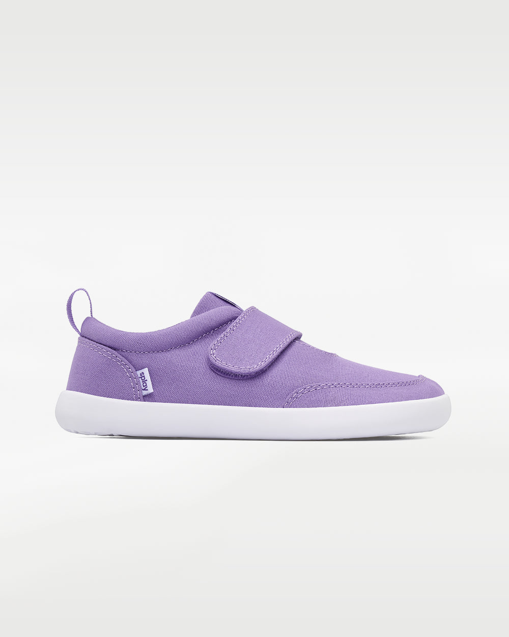 Splay Explore Kids Lavender barefoot shoes — kids' low-top shoe with a hook-and-loop strap, single shoe in left-side profile