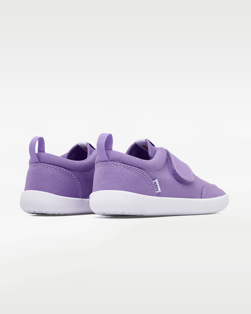 Splay Explore Kids Lavender barefoot shoes — kids' low-top shoe with a hook-and-loop strap, pair viewed from behind, heels toward the camera