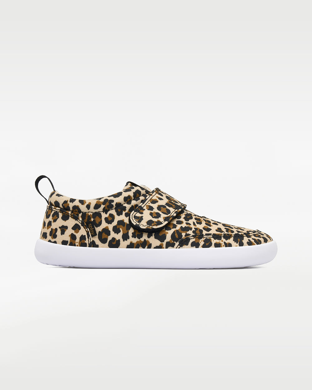 Splay Explore Kids Leopard barefoot shoes — kids' low-top shoe with a hook-and-loop strap, single shoe in left-side profile
