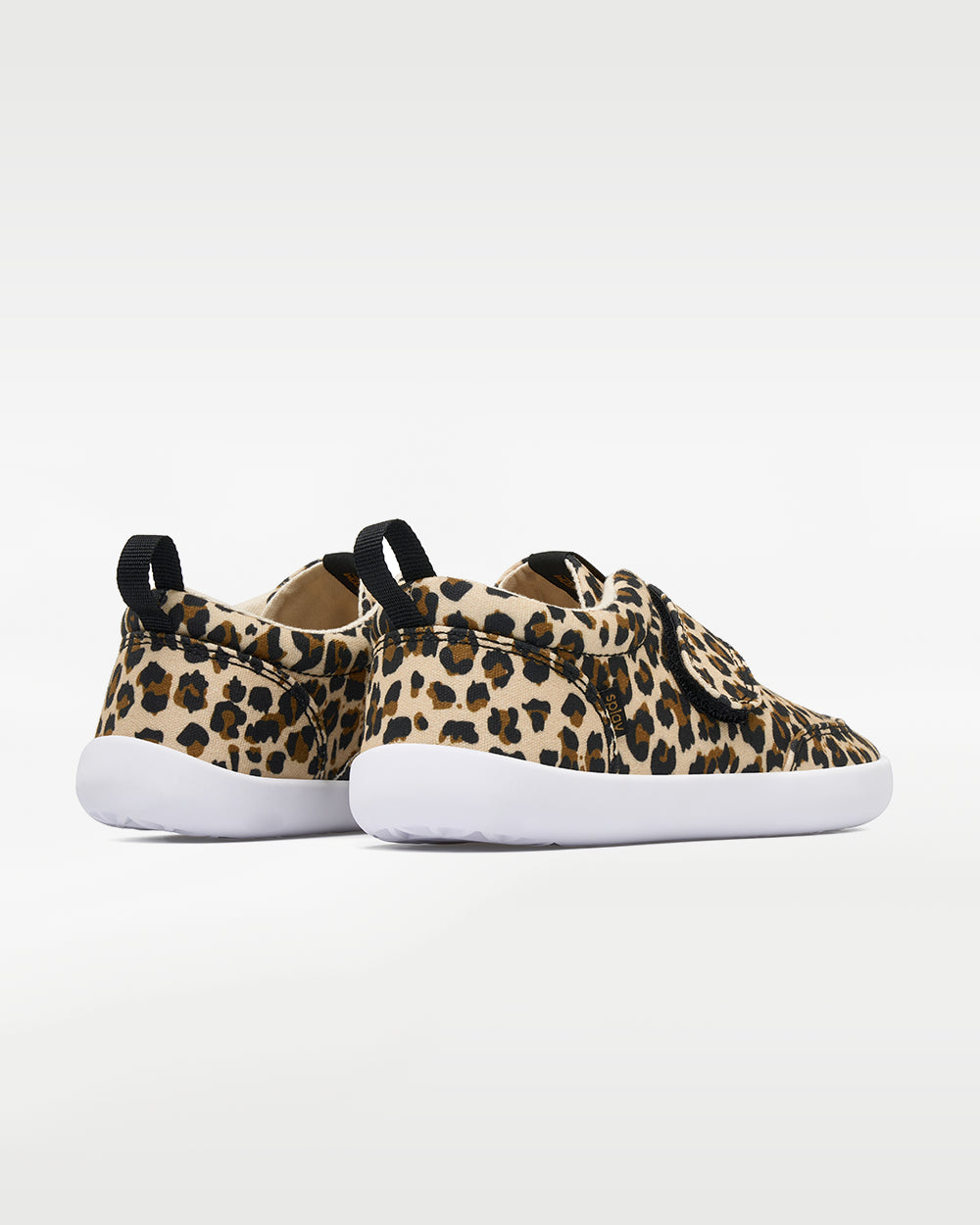 Splay Explore Kids Leopard barefoot shoes — kids' low-top shoe with a hook-and-loop strap, pair viewed from behind, heels toward the camera