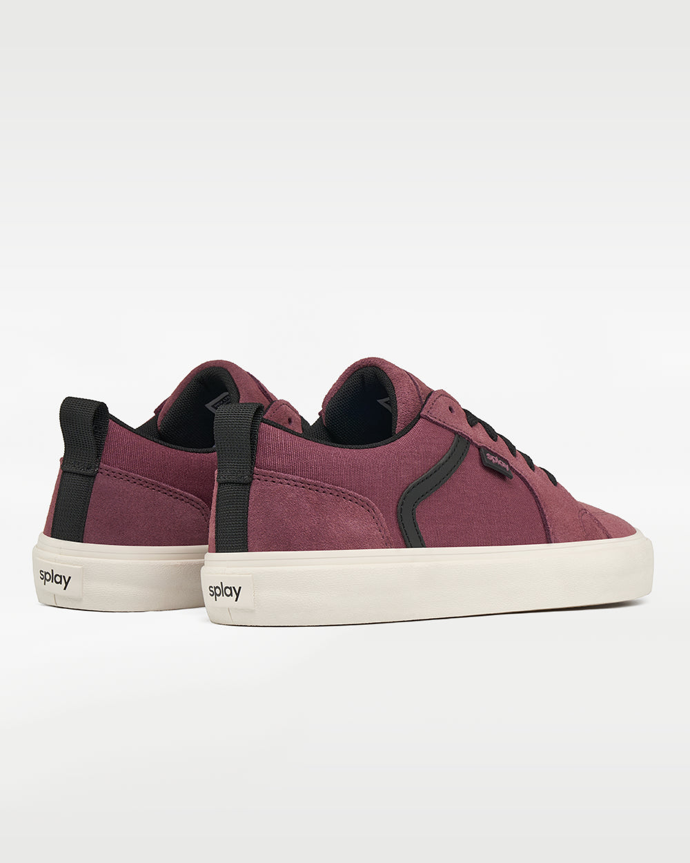 Splay REV LTS Madrid barefoot shoes — low-top suede skate shoe, pair viewed from behind, heels toward the camera