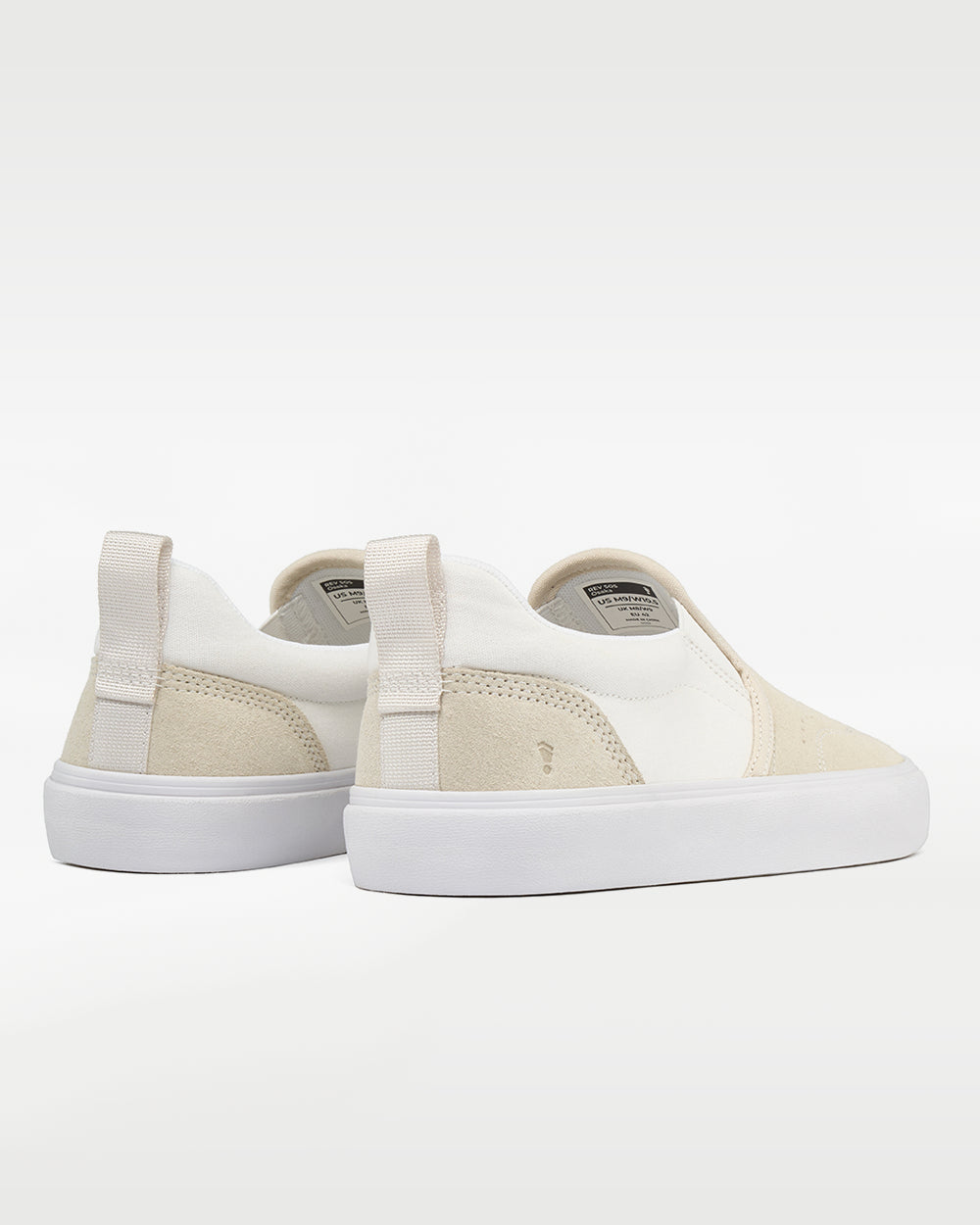 Splay REV SOS Osaka barefoot shoes — suede slip-on, pair viewed from behind, heels toward the camera