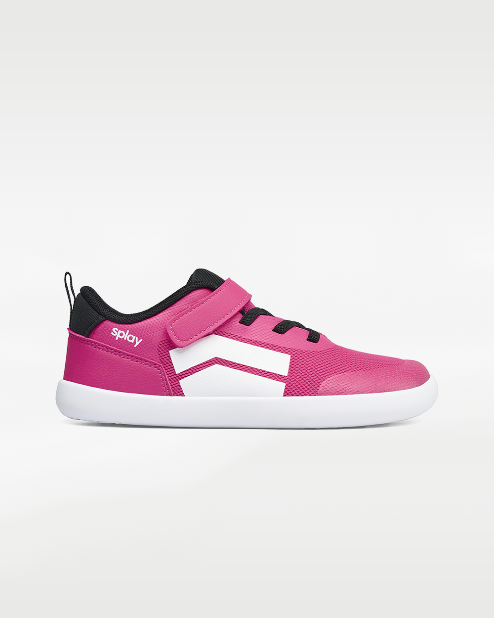 Splay Dash Kids Shock Pink barefoot shoes — kids' low-top sneaker with a strap and laces, single shoe in left-side profile