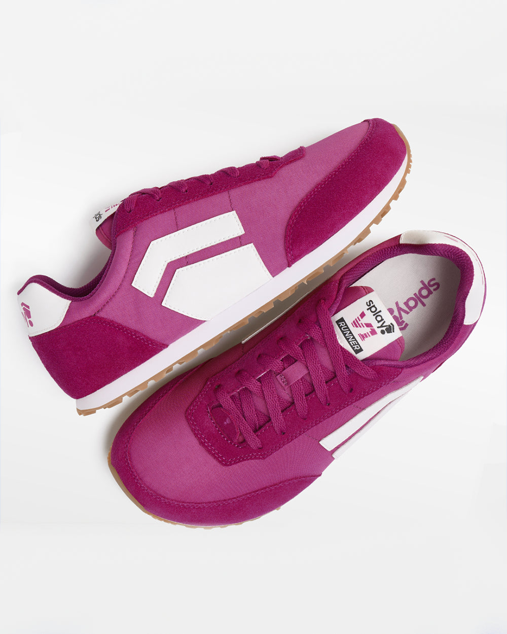 Splay Runner V1 Podium Pink '26 barefoot shoes — retro nylon-and-suede running shoe, pair shot from above, one shoe tipped up to show the insole