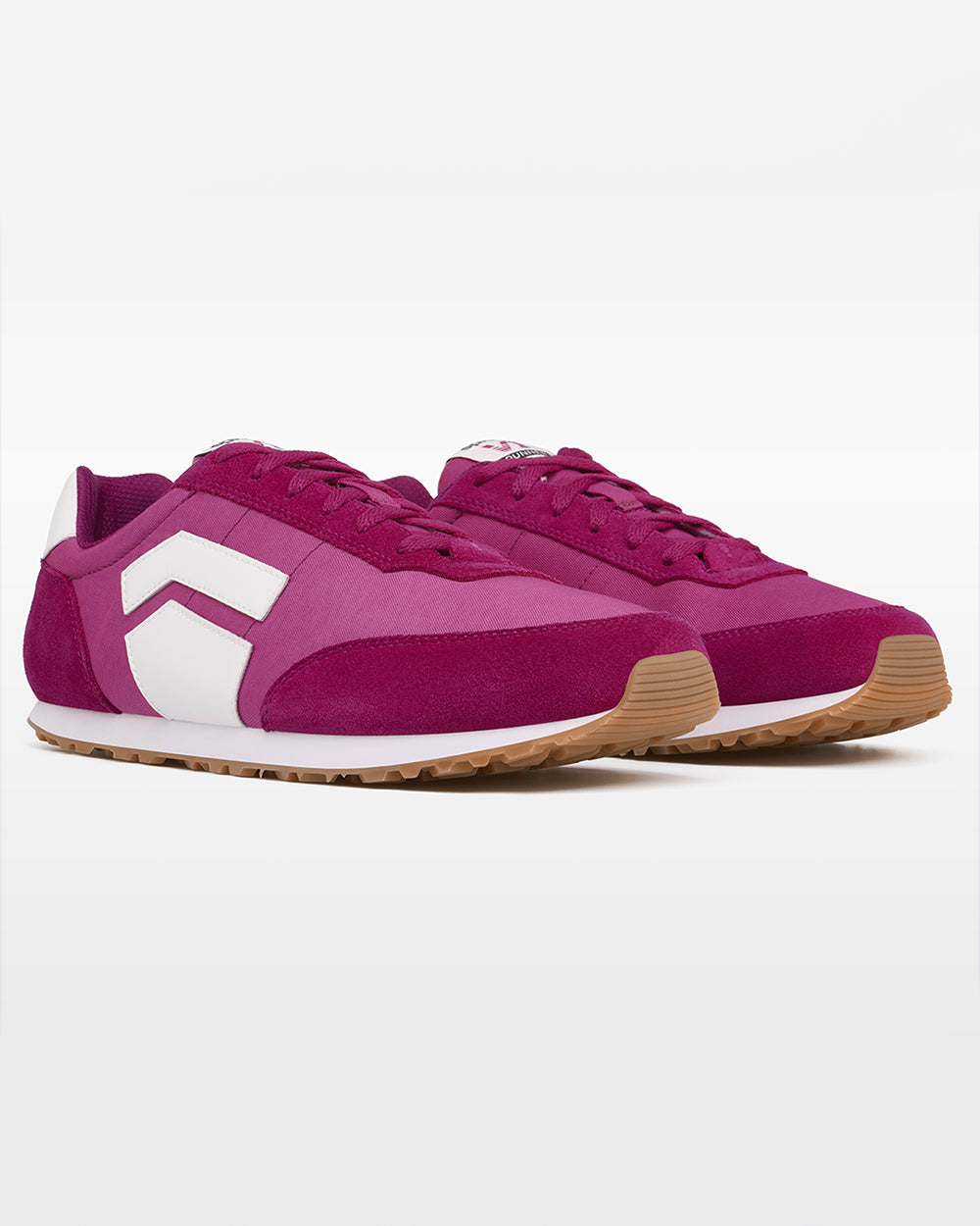 Splay Runner V1 Podium Pink '26 barefoot shoes — retro nylon-and-suede running shoe, pair in an angled three-quarter view from the front