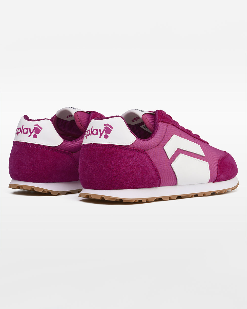Splay Runner V1 Podium Pink '26 barefoot shoes — retro nylon-and-suede running shoe, pair viewed from behind, heels toward the camera