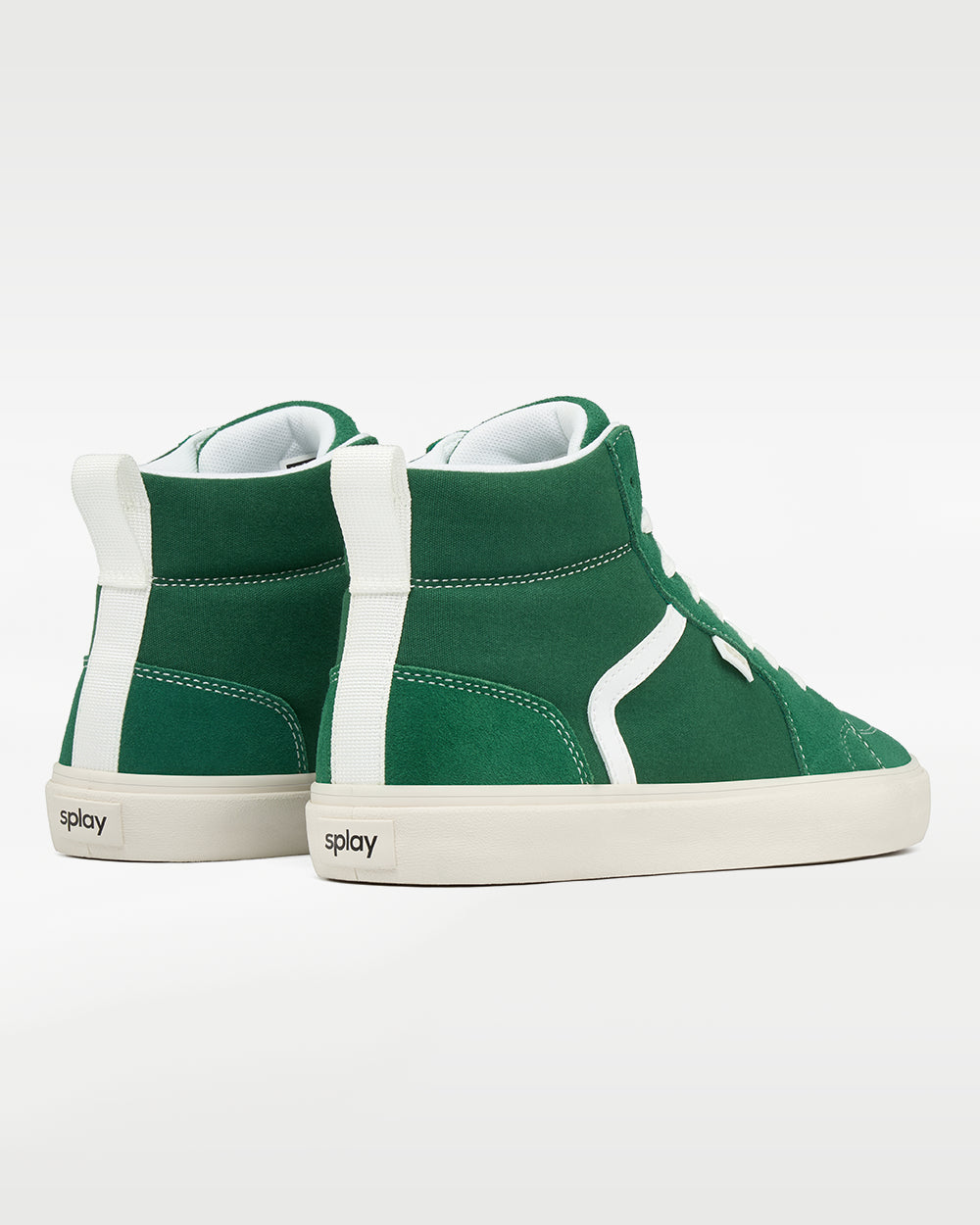 Splay REV HTS Portland barefoot shoes — high-top suede skate shoe, pair viewed from behind, heels toward the camera