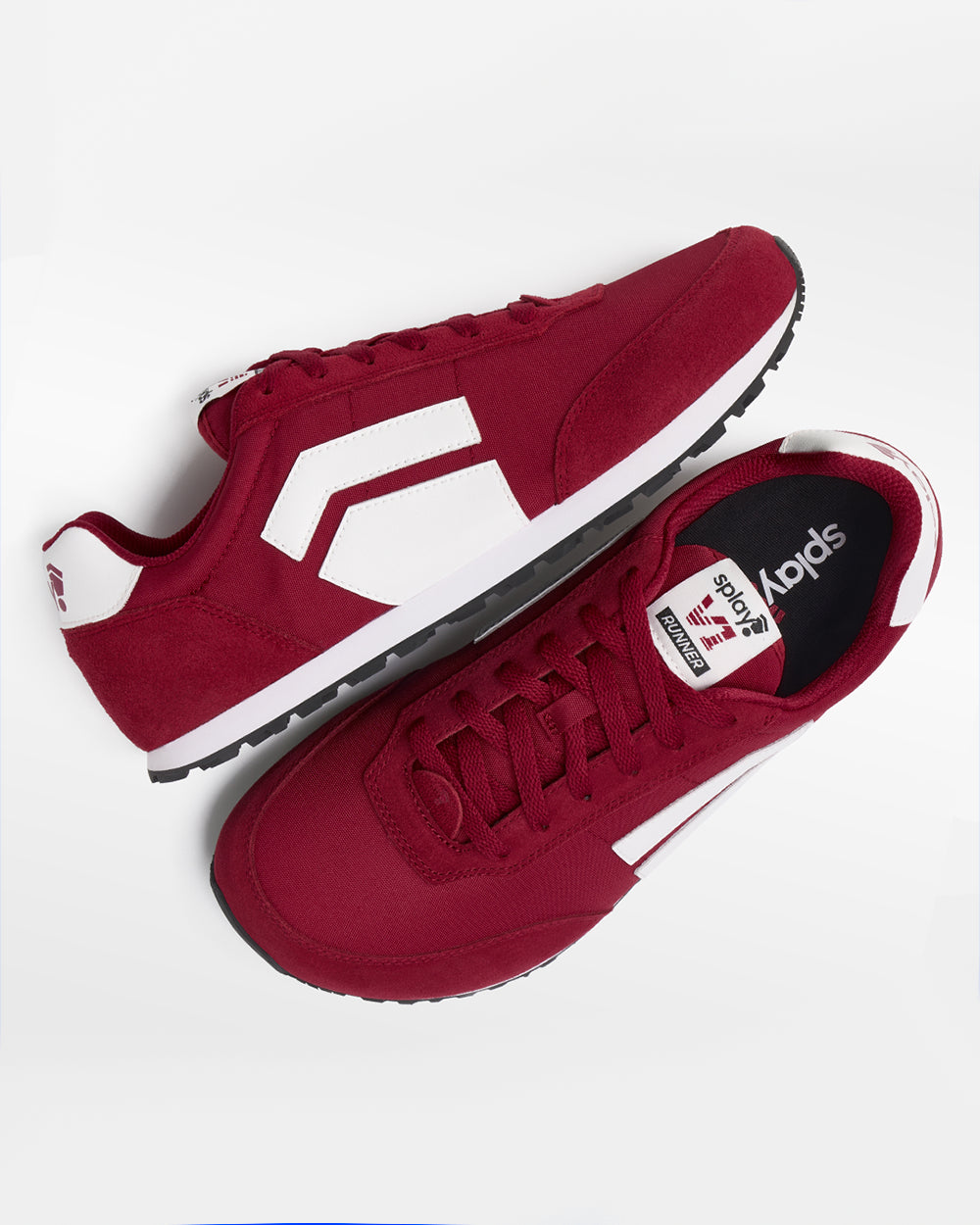 Splay Runner V1 Stadium Red '26 barefoot shoes — retro nylon-and-suede running shoe, pair shot from above, one shoe tipped up to show the insole