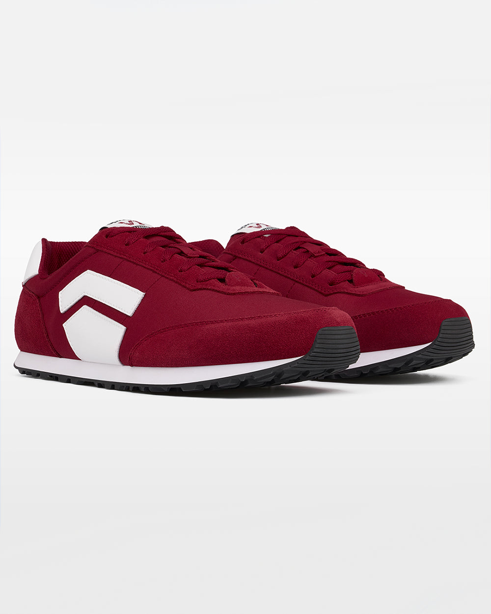 Splay Runner V1 Stadium Red '26 barefoot shoes — retro nylon-and-suede running shoe, pair in an angled three-quarter view from the front