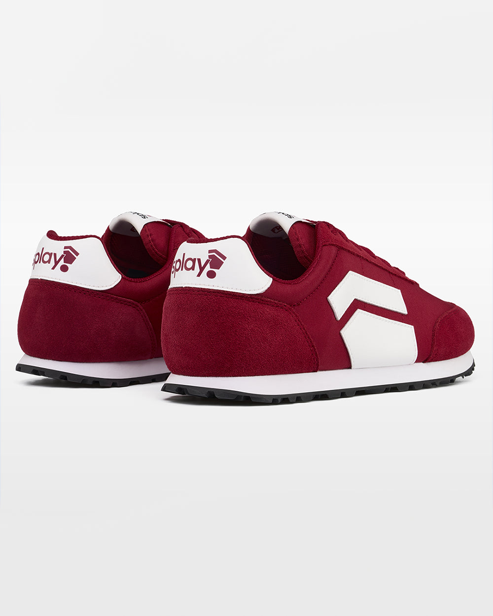 Splay Runner V1 Stadium Red '26 barefoot shoes — retro nylon-and-suede running shoe, pair viewed from behind, heels toward the camera