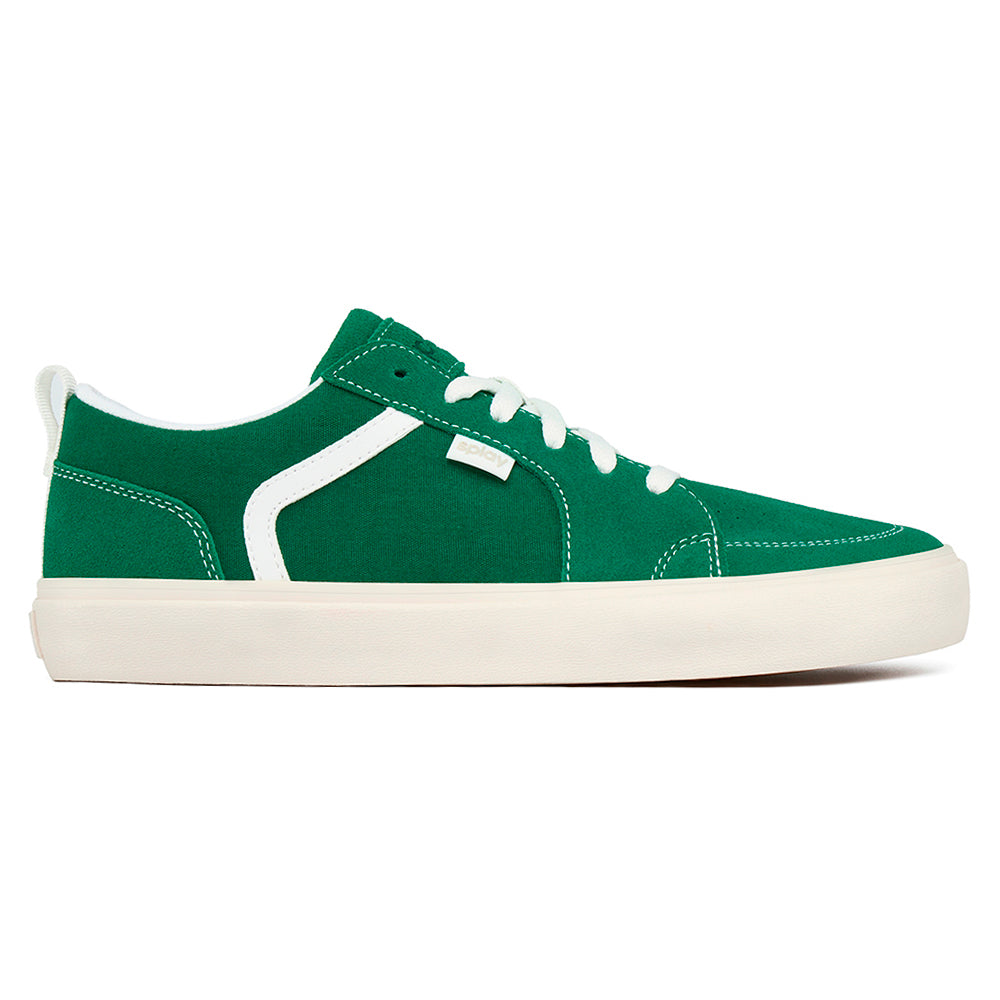Splay REV LTS Portland barefoot skate shoe in green canvas with a bone-colored outsole, featuring a wide toe box, suede toe cap, and low-profile design.