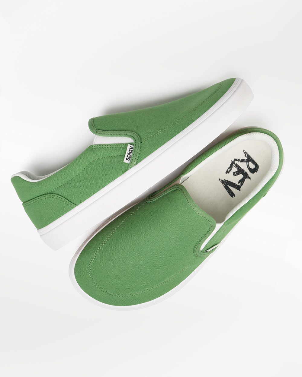 Splay REV SO Rio barefoot shoes — canvas slip-on, pair shot from above, one shoe tipped up to show the insole