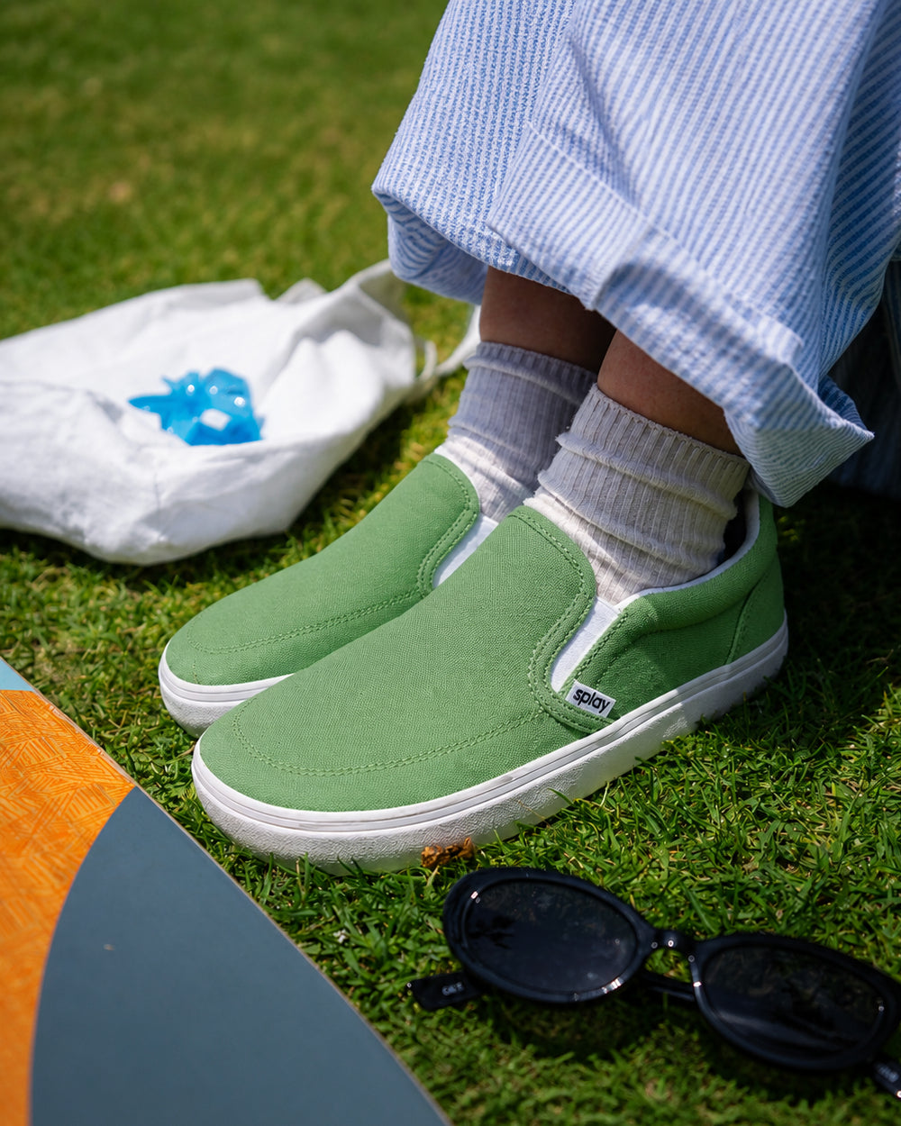 Splay Kids REV SO Rio barefoot shoes — kids' canvas slip-on, lifestyle photo, the shoes shown in use outdoors