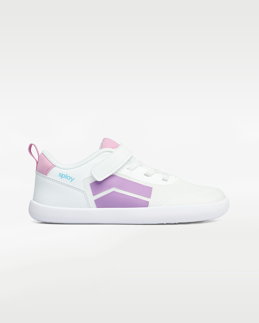 Splay Dash Kids Spark Lilac barefoot shoes — kids' low-top sneaker with a strap and laces, single shoe in left-side profile