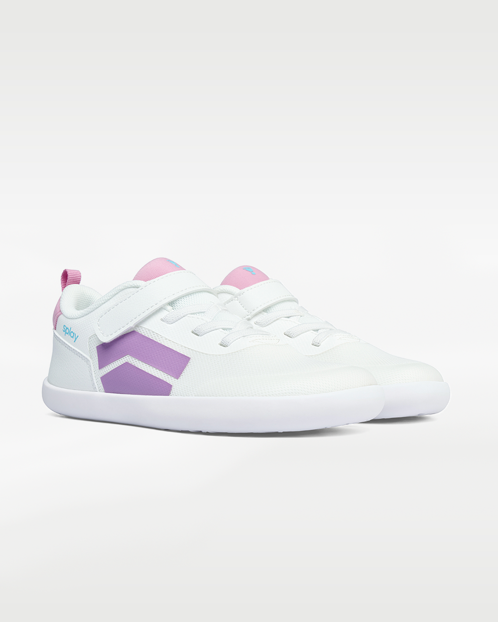 Splay Dash Kids Spark Lilac barefoot shoes — kids' low-top sneaker with a strap and laces, pair in an angled three-quarter view from the front