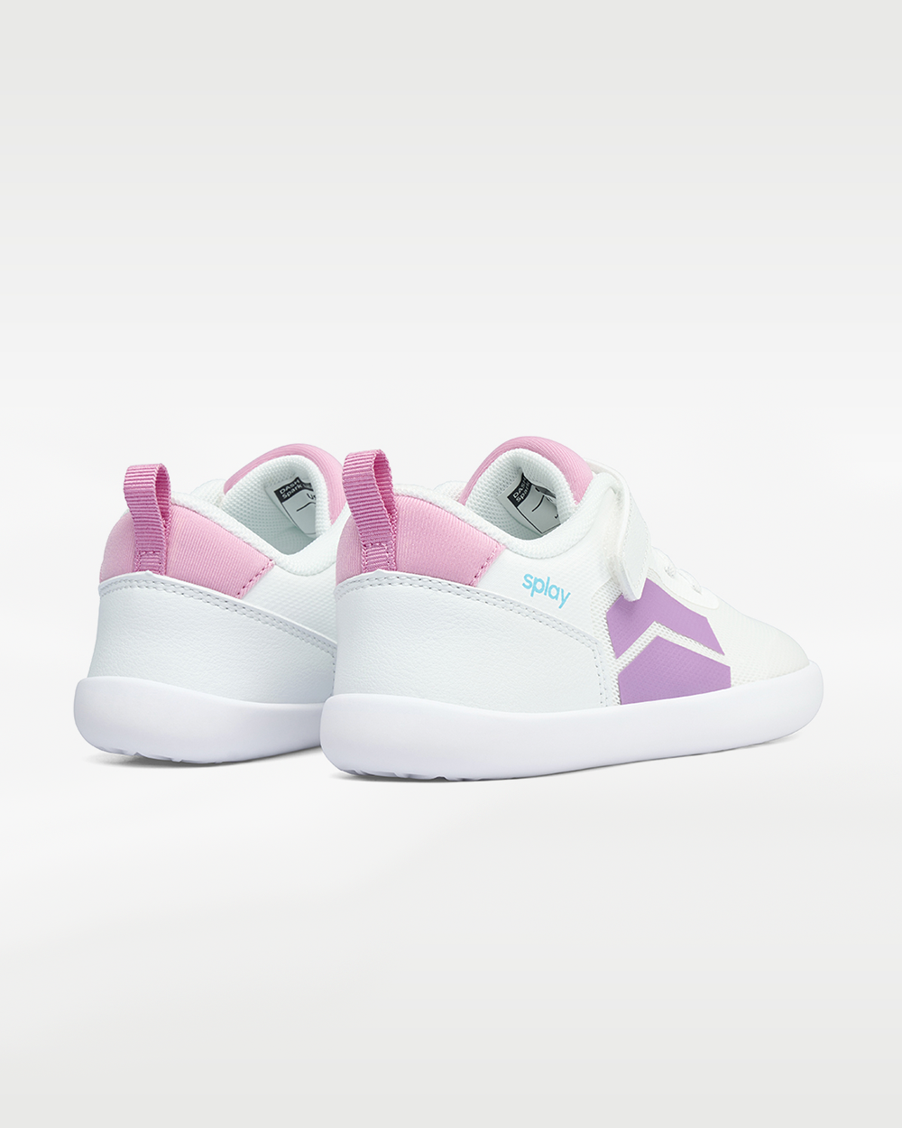 Splay Dash Kids Spark Lilac barefoot shoes — kids' low-top sneaker with a strap and laces, pair viewed from behind, heels toward the camera