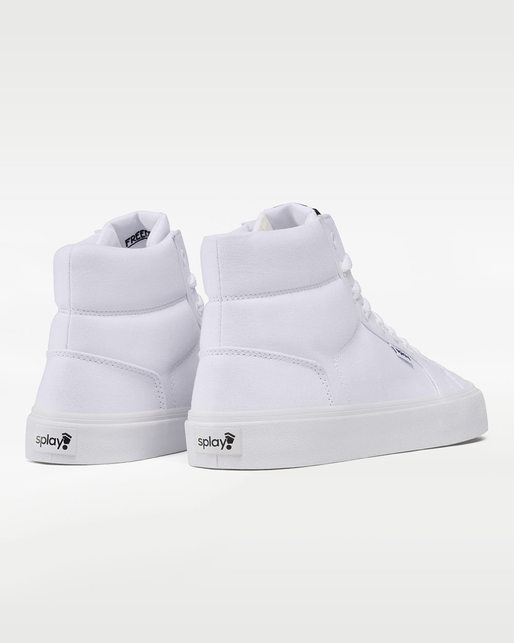 Splay REV HT Canvas Salt Lake barefoot shoes — high-top skate shoe, pair viewed from behind, heels toward the camera
