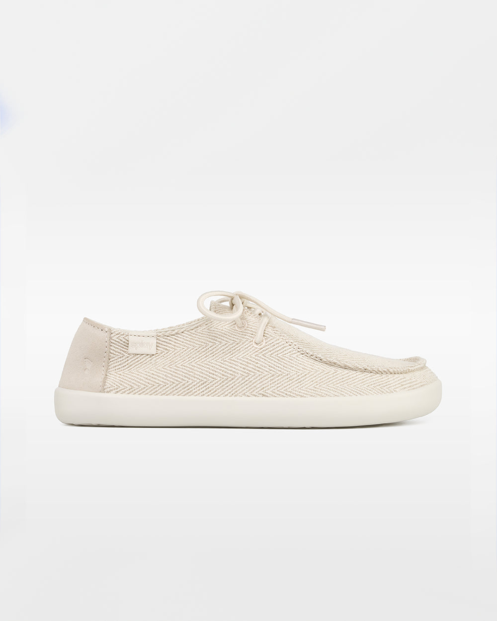 Splay Kids Weekender Sandbar hemp barefoot shoes — kids' hemp moc-toe shoe with laces, single shoe in left-side profile