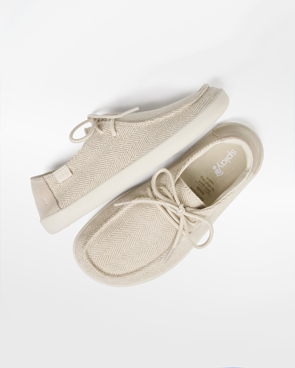 Splay Kids Weekender Sandbar hemp barefoot shoes — kids' hemp moc-toe shoe with laces, pair shot from above, one shoe tipped up to show the insole