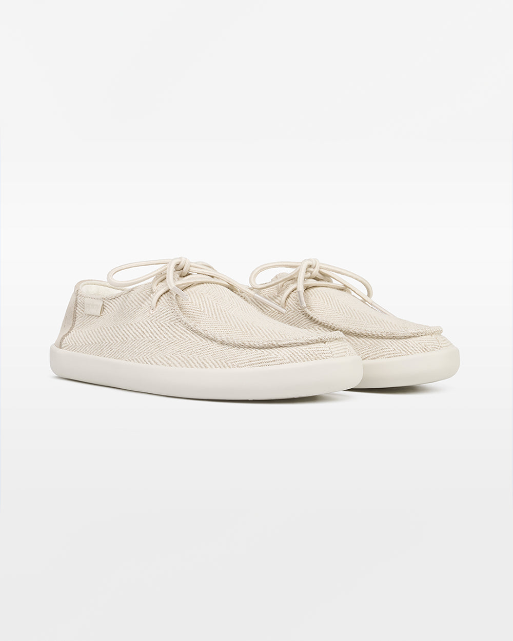 Splay Kids Weekender Sandbar hemp barefoot shoes — kids' hemp moc-toe shoe with laces, pair in an angled three-quarter view from the front