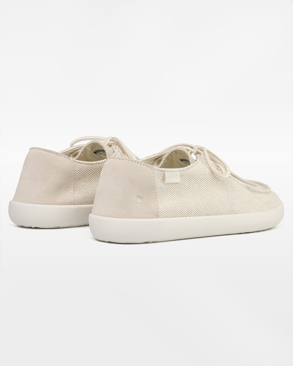 Splay Weekender Sandbar hemp barefoot shoes — hemp moc-toe shoe with laces, pair viewed from behind, heels toward the camera