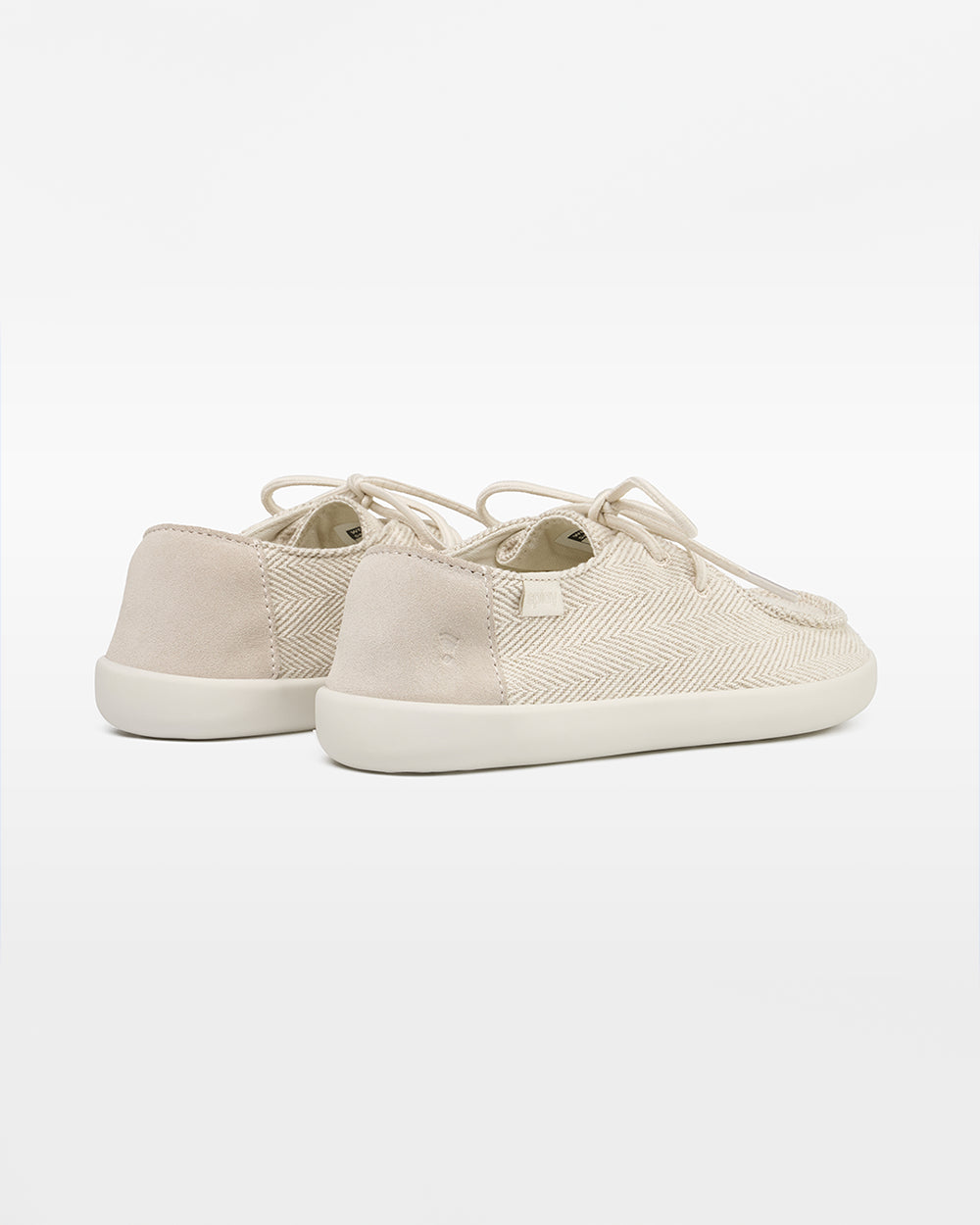 Splay Kids Weekender Sandbar hemp barefoot shoes — kids' hemp moc-toe shoe with laces, pair viewed from behind, heels toward the camera