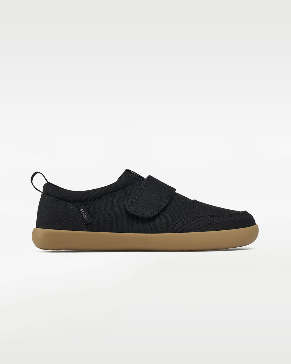 Splay Explore Kids Shale barefoot shoes — kids' low-top shoe with a hook-and-loop strap, single shoe in left-side profile