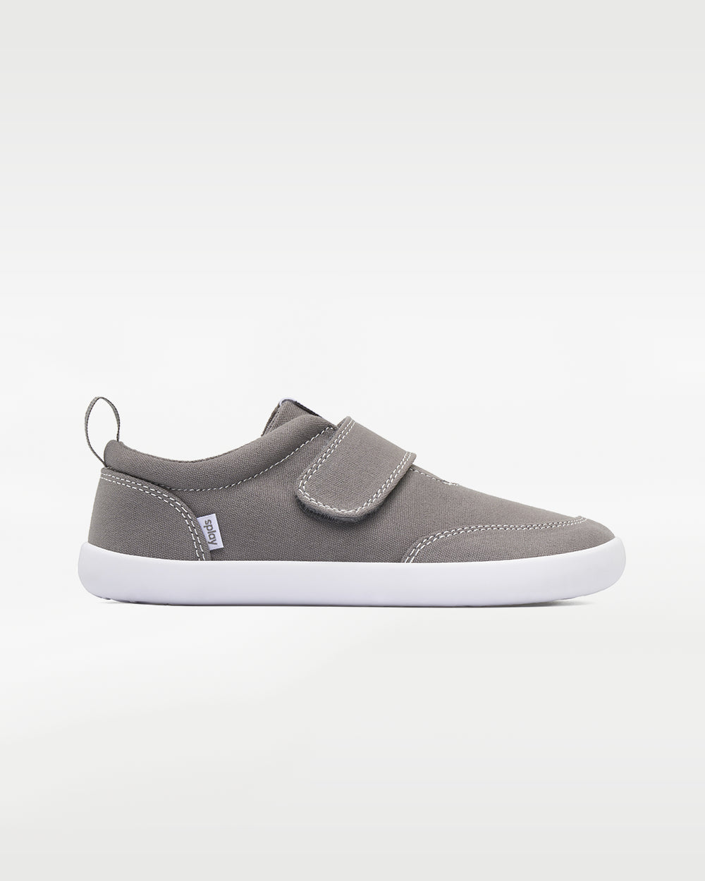 Splay Explore Kids Stone barefoot shoes — kids' low-top shoe with a hook-and-loop strap, single shoe in left-side profile