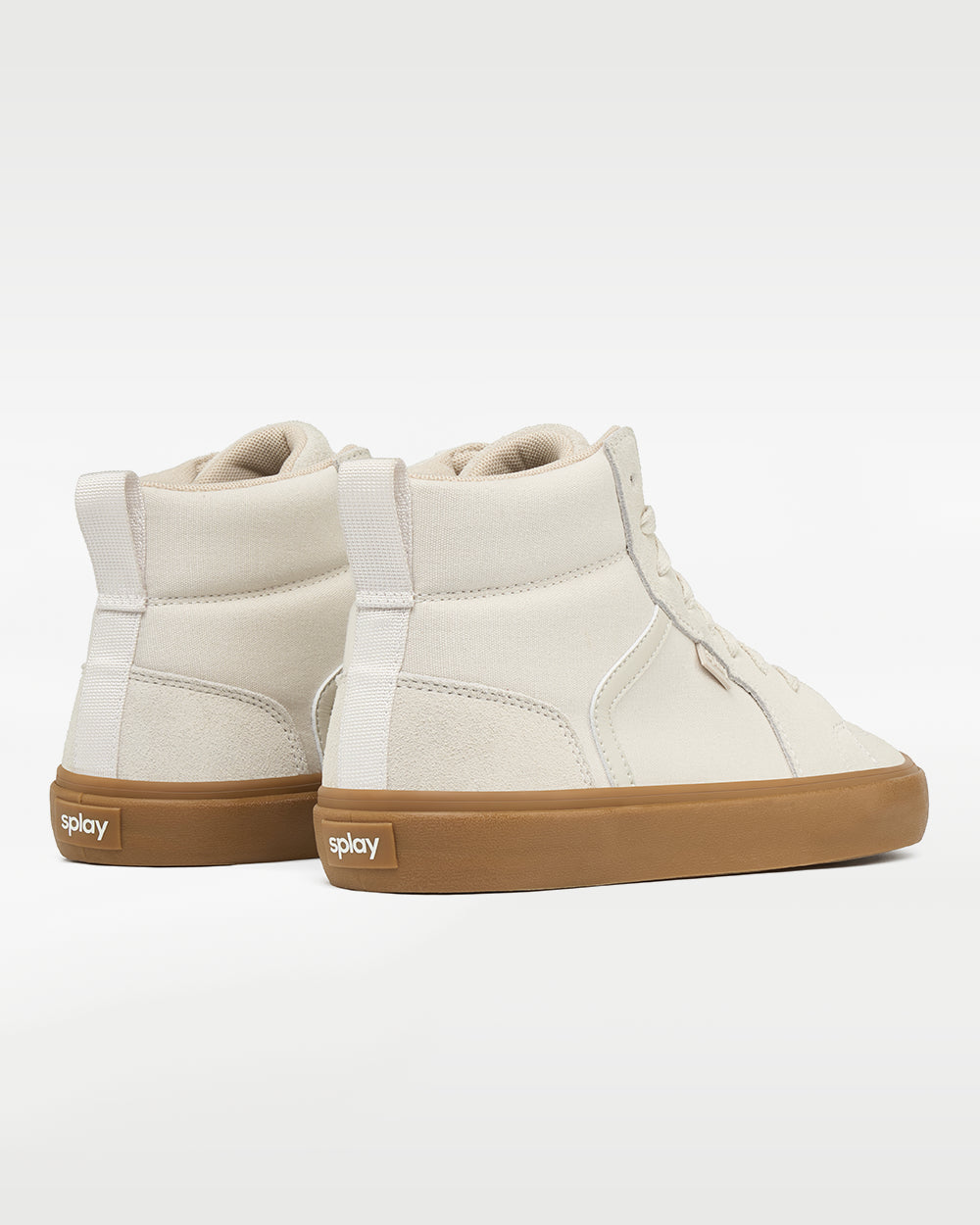 Splay REV HTS Sydney barefoot shoes — high-top suede skate shoe, pair viewed from behind, heels toward the camera