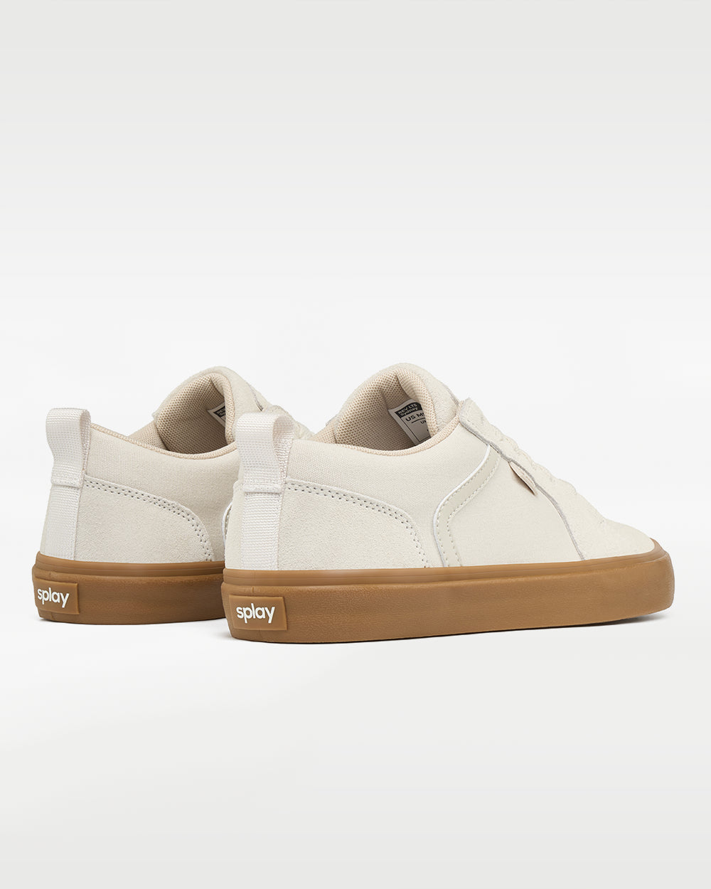 Splay REV LTS Sydney barefoot shoes — low-top suede skate shoe, pair viewed from behind, heels toward the camera