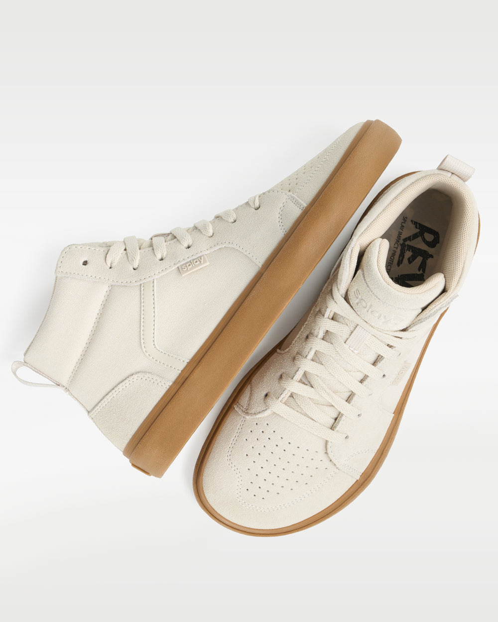 Splay REV HTS Sydney barefoot shoes — high-top suede skate shoe, pair shot from above, one shoe tipped up to show the insole