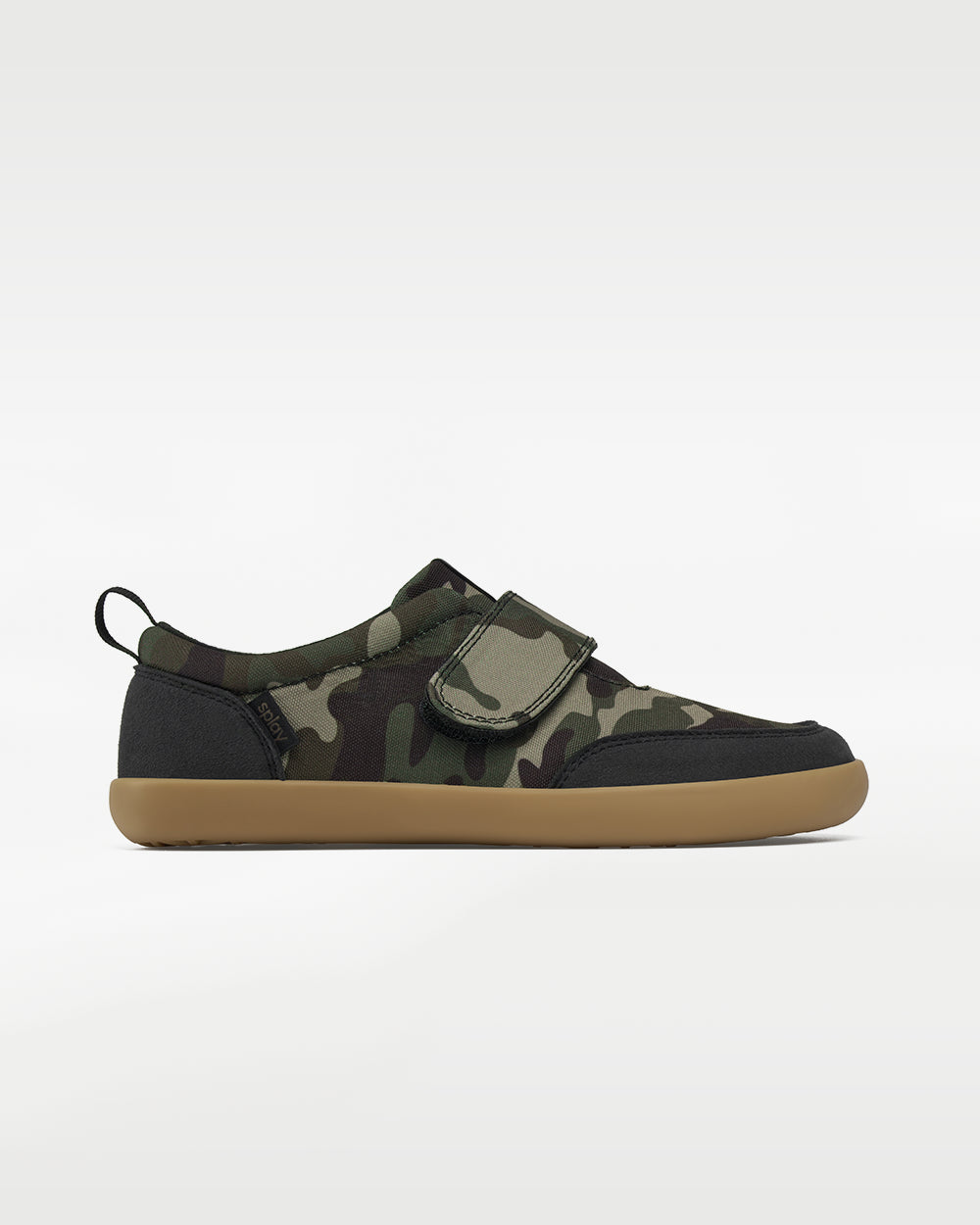 Splay Explore Wild Kids Classic Camo barefoot shoes — kids' low-top shoe with a hook-and-loop strap, single shoe in left-side profile