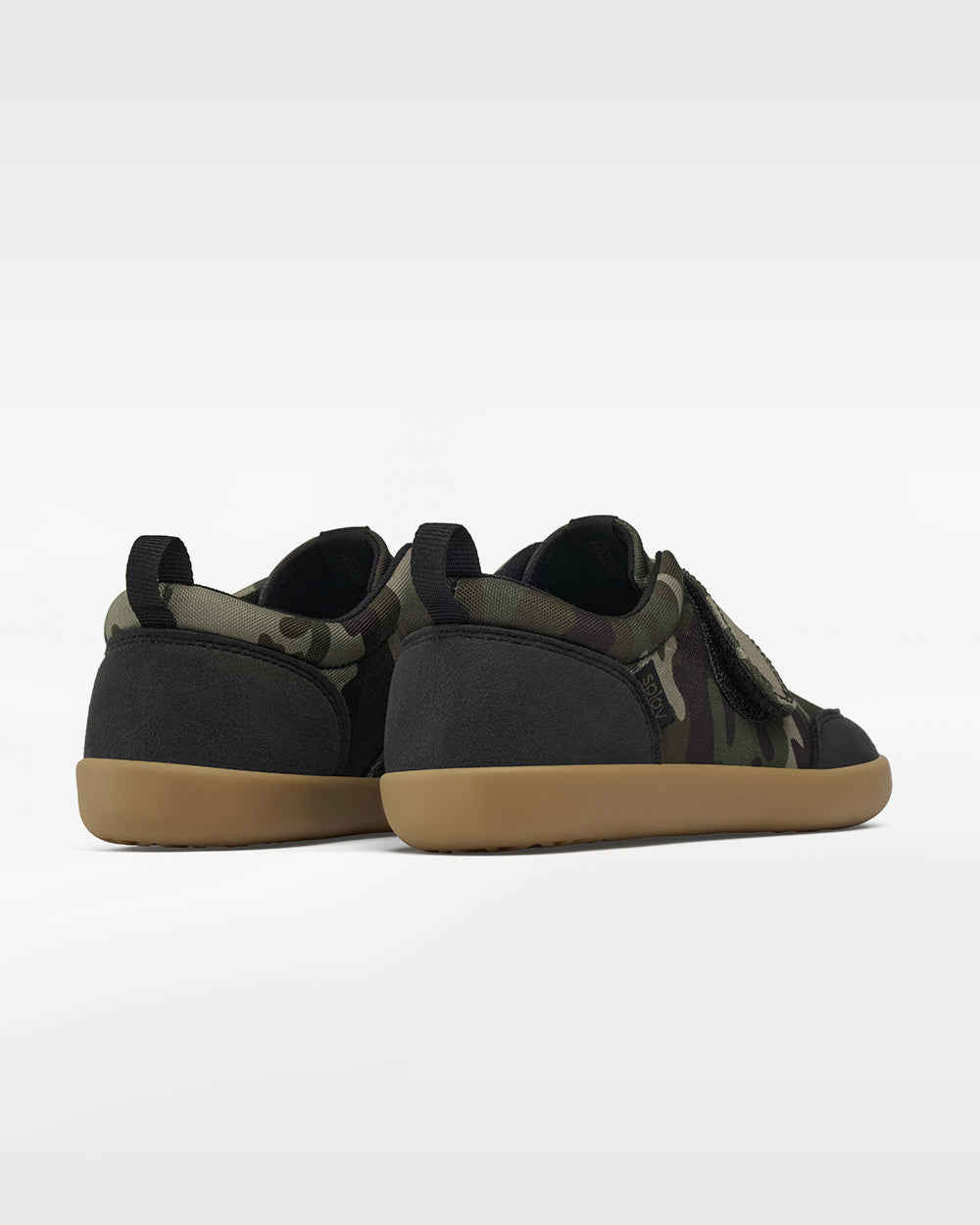 Splay Explore Wild Kids Classic Camo barefoot shoes — kids' low-top shoe with a hook-and-loop strap, pair viewed from behind, heels toward the camera