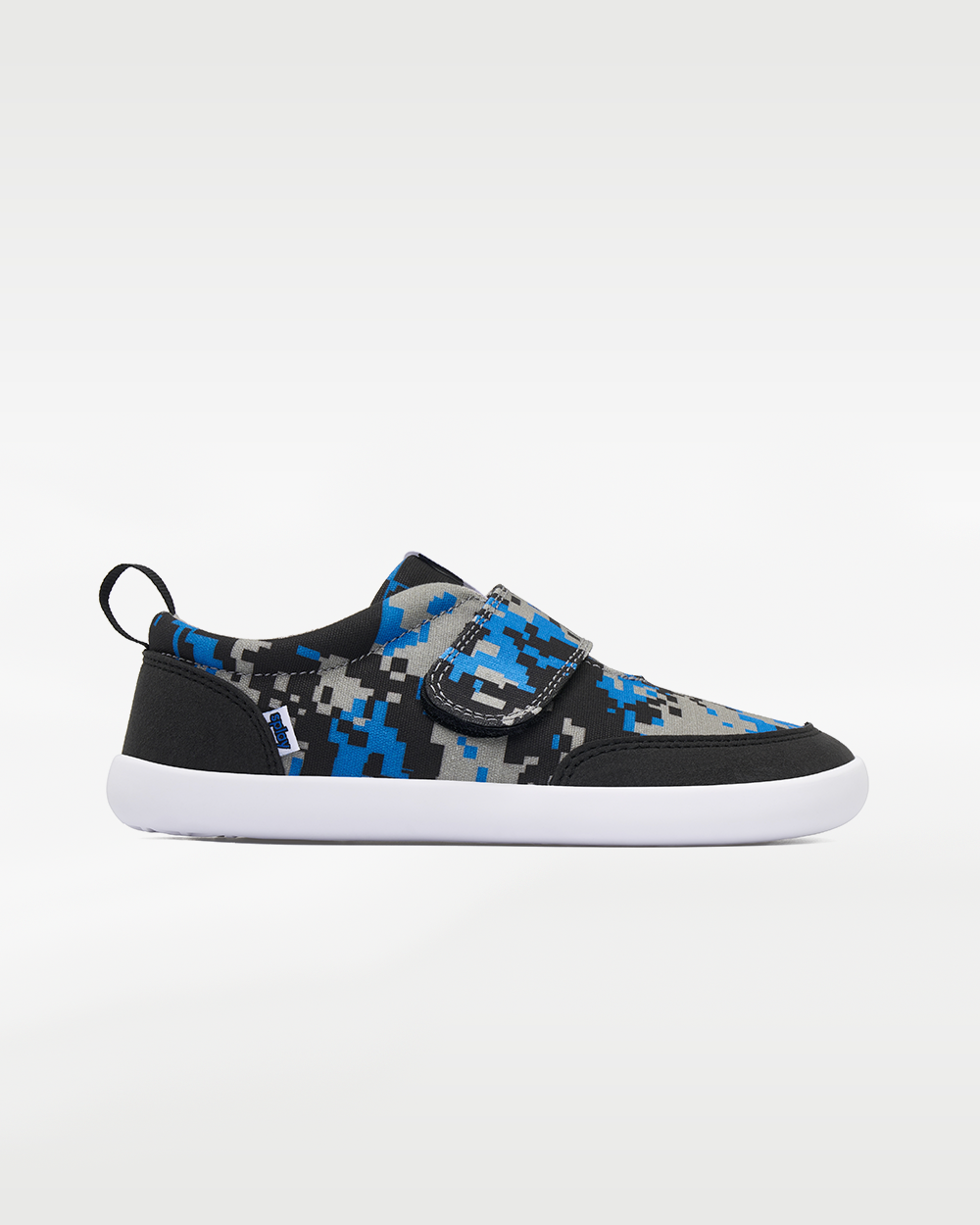 Splay Explore Wild Kids Digicam Blue barefoot shoes — kids' low-top shoe with a hook-and-loop strap, single shoe in left-side profile