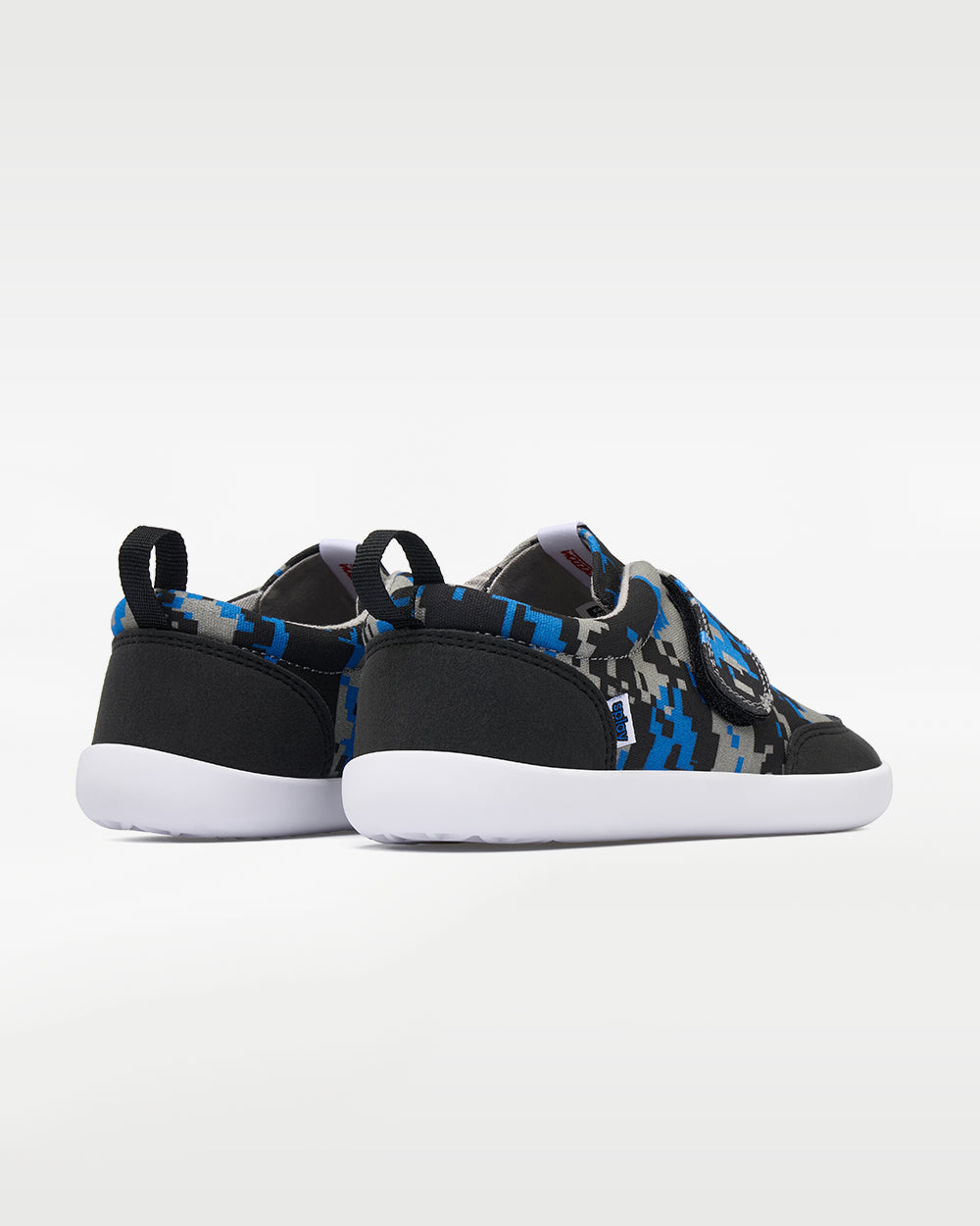 Splay Explore Wild Kids Digicam Blue barefoot shoes — kids' low-top shoe with a hook-and-loop strap, pair viewed from behind, heels toward the camera