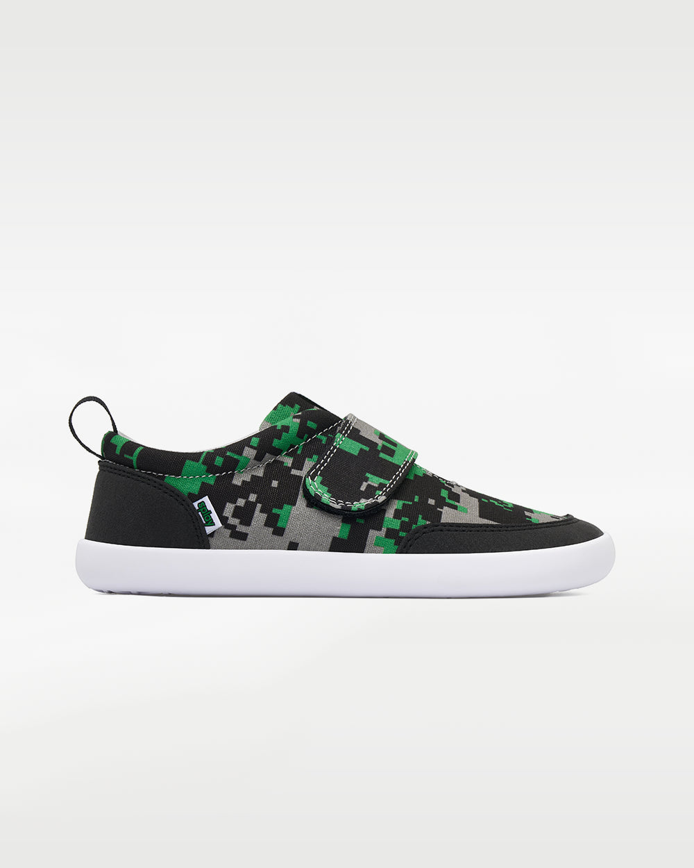 Splay Explore Wild Kids Digicam Green barefoot shoes — kids' low-top shoe with a hook-and-loop strap, single shoe in left-side profile
