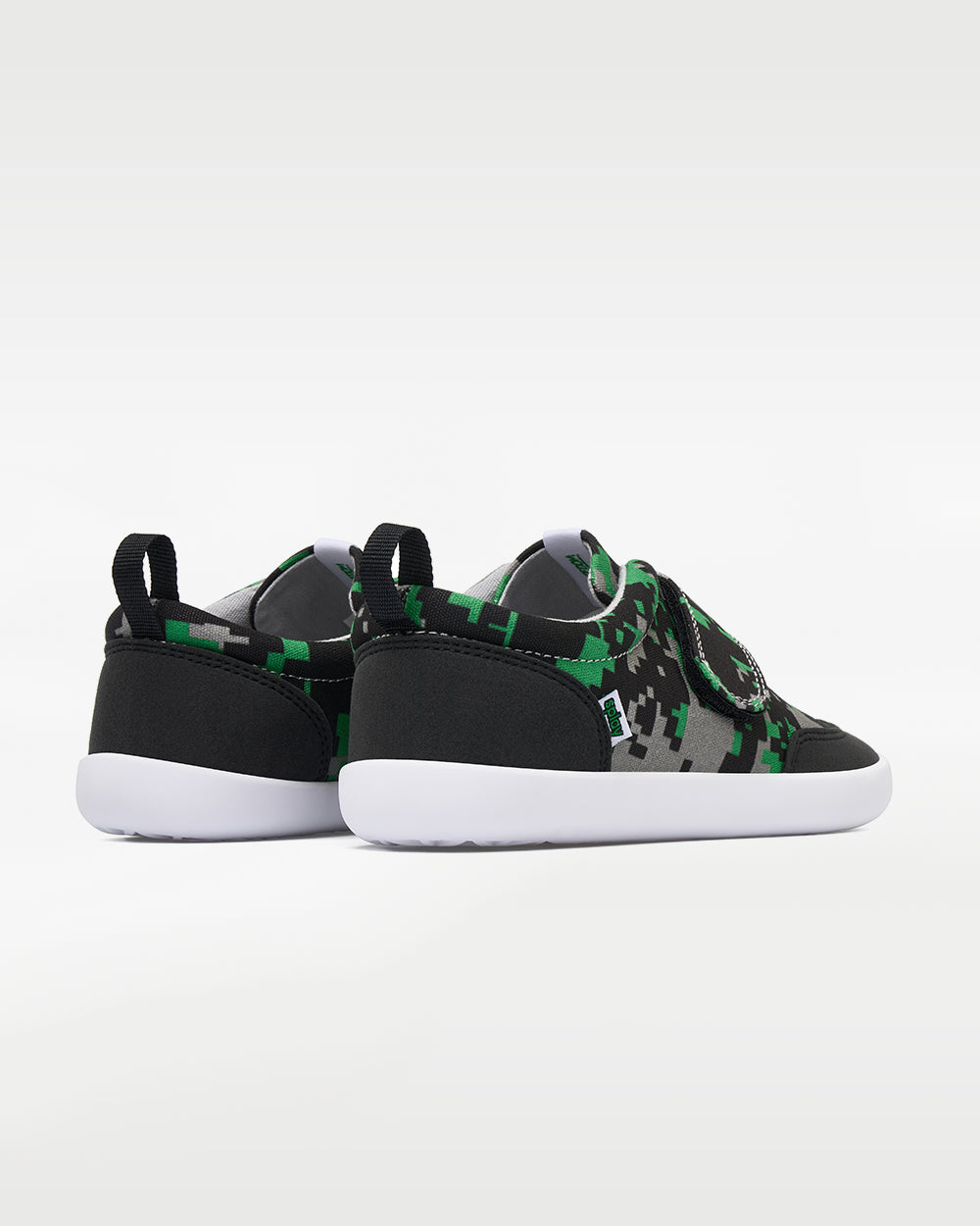 Splay Explore Wild Kids Digicam Green barefoot shoes — kids' low-top shoe with a hook-and-loop strap, pair viewed from behind, heels toward the camera