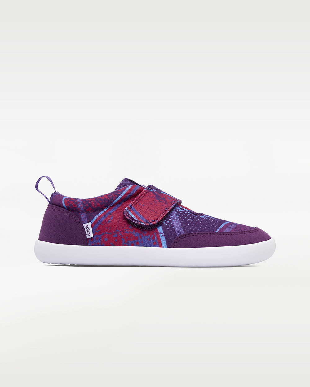 Splay Explore Wild Kids Purple Pop barefoot shoes — kids' low-top shoe with a hook-and-loop strap, single shoe in left-side profile