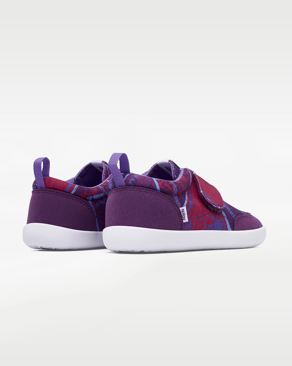 Splay Explore Wild Kids Purple Pop barefoot shoes — kids' low-top shoe with a hook-and-loop strap, pair viewed from behind, heels toward the camera