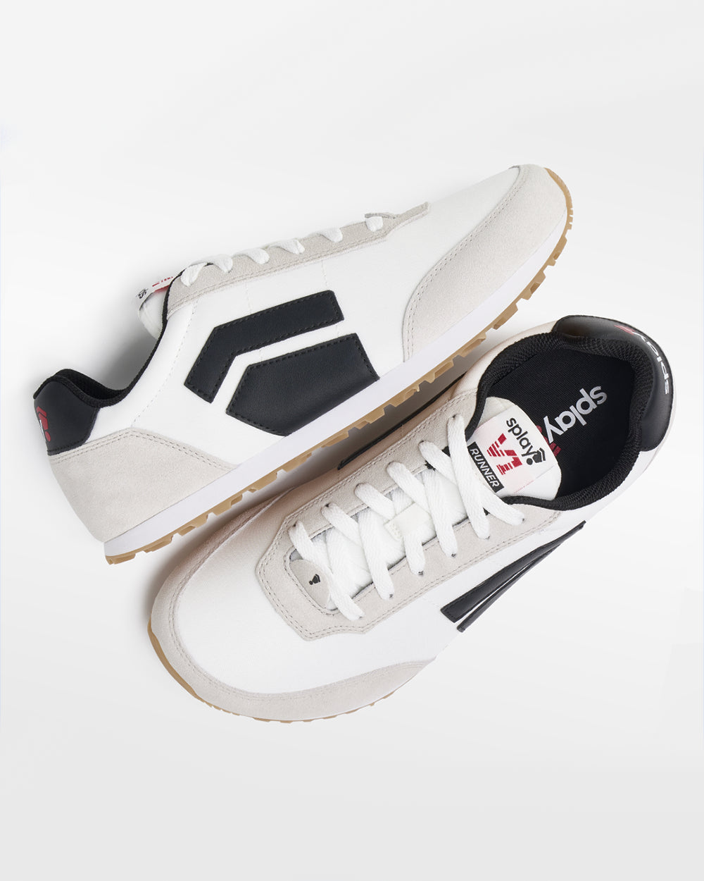 Splay Runner V1 Varsity White '26 barefoot shoes — retro nylon-and-suede running shoe, pair shot from above, one shoe tipped up to show the insole