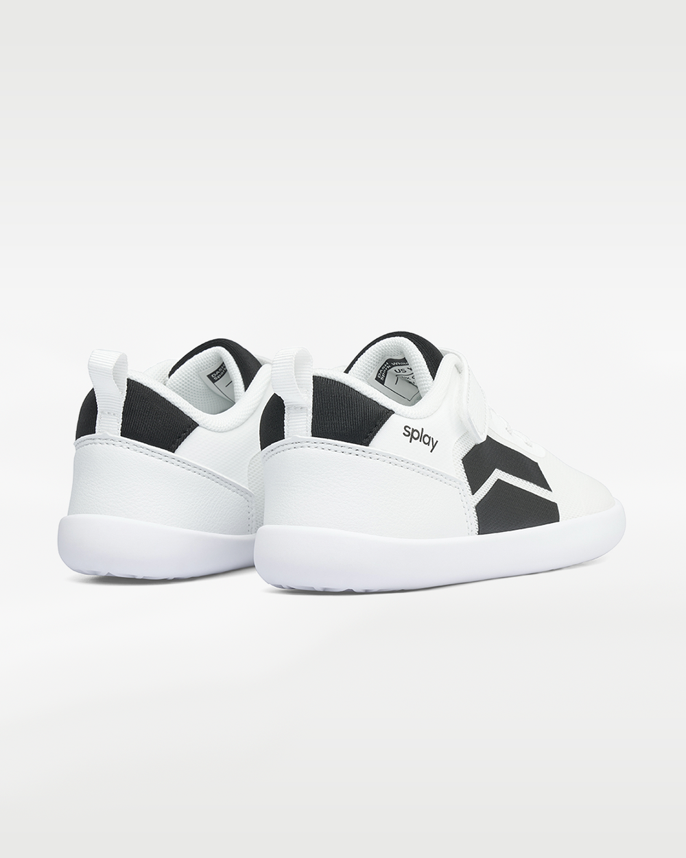 Splay Dash Kids Spark White barefoot shoes — kids' low-top sneaker with a strap and laces, pair viewed from behind, heels toward the camera