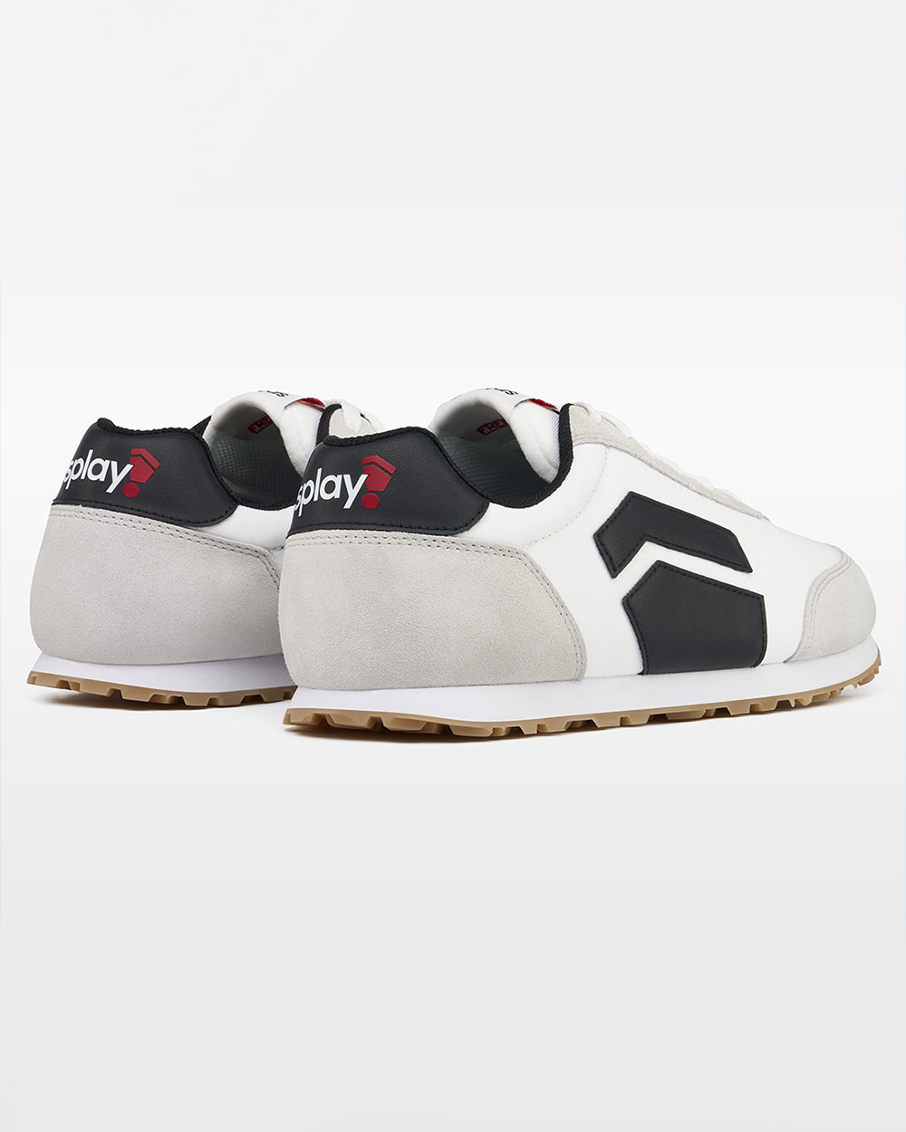 Splay Runner V1 Varsity White '26 barefoot shoes — retro nylon-and-suede running shoe, pair viewed from behind, heels toward the camera